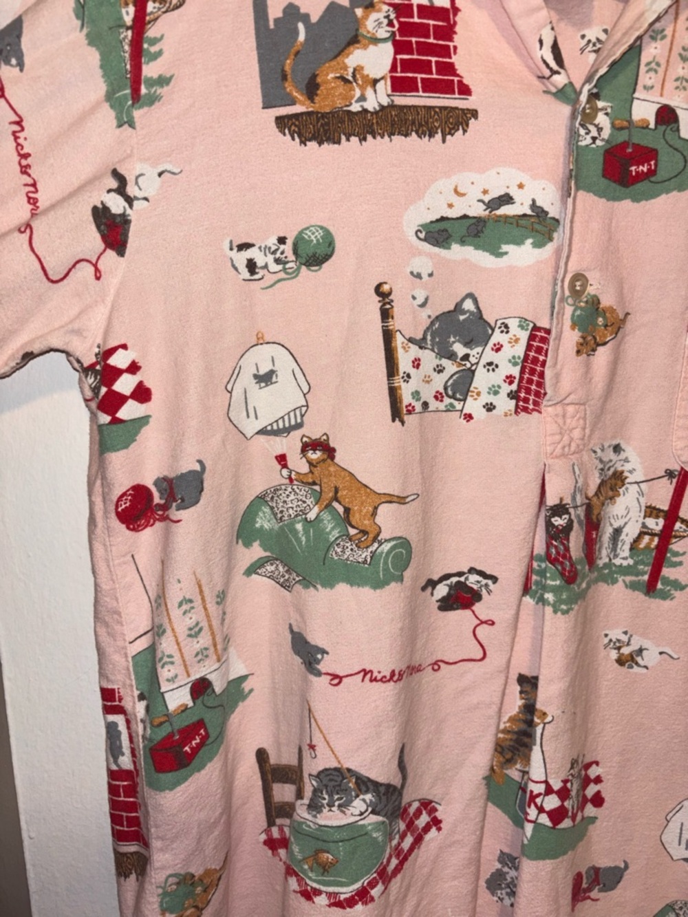 VTG Nick And Nora Nightgown Shirt Mischievous Kittens Cats Sleepwear S/M Cotton - Picture 4 of 5